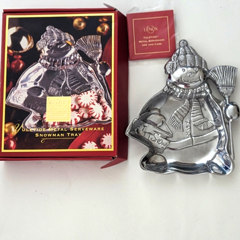 In Box Lenox Yuletide Metal Serve ware Snowman Tray Silverton Holiday Christmas